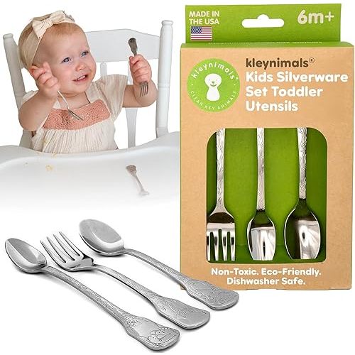 Kleynimals Safari Friends Made in USA Baby Flatware – 100% Stainless Steel Baby Forks and Spoons, Non-Toxic, BPA-Free, Eco-Friendly, Dishwasher Safe – Safe Utensils for Babies & Toddlers