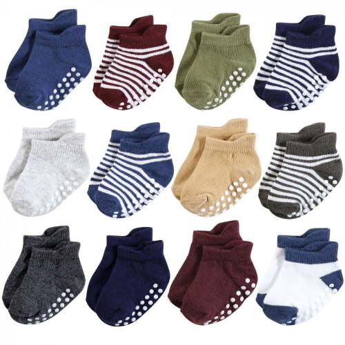 Hudson Baby Infant Boy Non-Skid No-Show Socks, Blue Burgundy, 6-12 Months