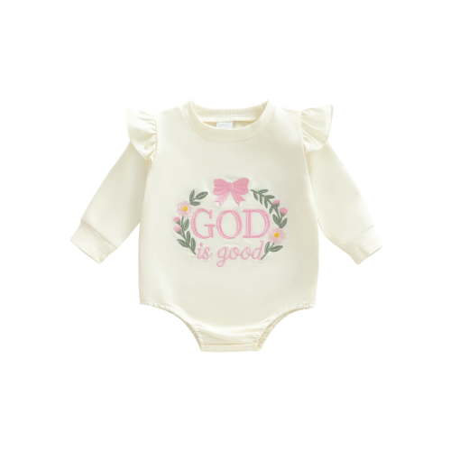 BemeyourBBs God Is Good Christian Baby Girl Clothes Letter Bubble Romper Long Sleeve Crewneck Sweatshirt Bodysuit Spring Fall Winter Clothes Baptism Church Outfit