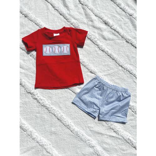 Baby Boy Baseball Outfit: Embroidered Shirt & Gingham Shorts