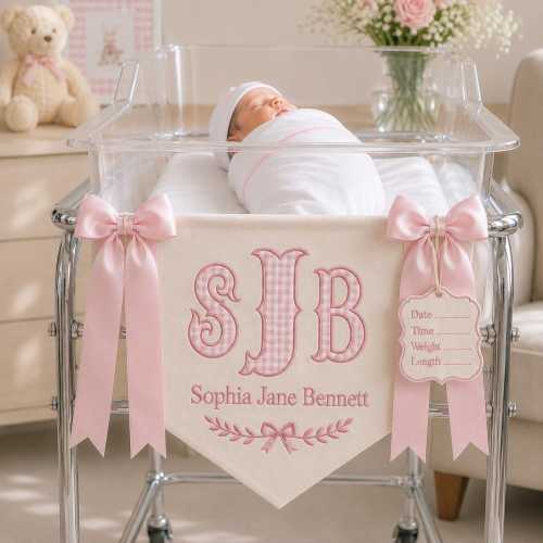 Embroidered Baby Banner, Monogram Hospital Sign, Birth Stats Tag, Nursery Decor