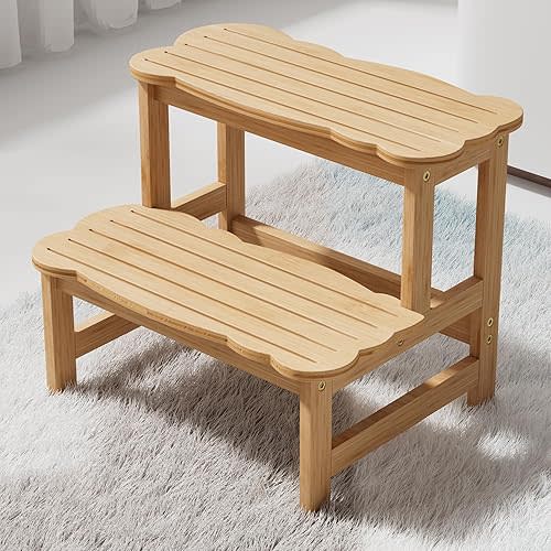 COSYLAND Bamboo Step Stool, Two Step Stools Toddler 300 lbs Capacity with Safety Non-Slip Pads, Bamboo Step Stool for Bathroom, Kitchen Dual Height Step Stools for Kids (Natural)