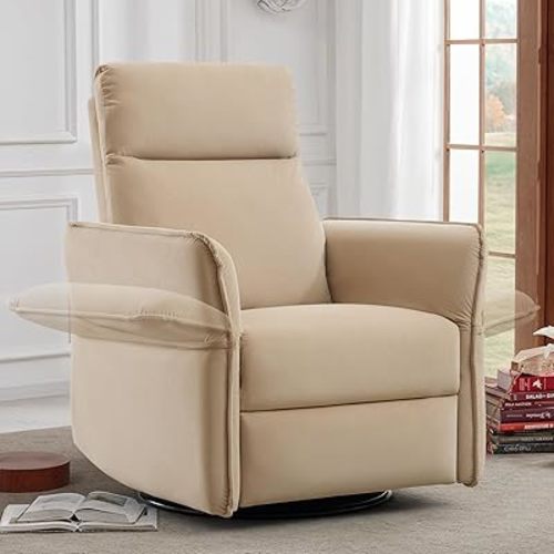 Swivel Rocker Recliner Chairs, Nursery Glider with Adjustable Armrest, Upgraded Velvet Rocking Recliners Chair for Small Spaces, Living Room, Nursery, Light Brown