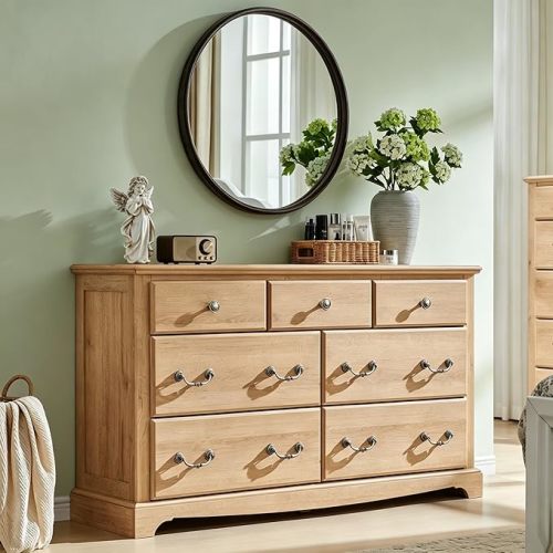 T4TREAM 7 Drawers Dresser Chests for Bedroom, Wood Vintage Chests of Drawers, Rustic Dressers Chset Organizer for Bedroom, Living Room, Hallway, Natural Oak