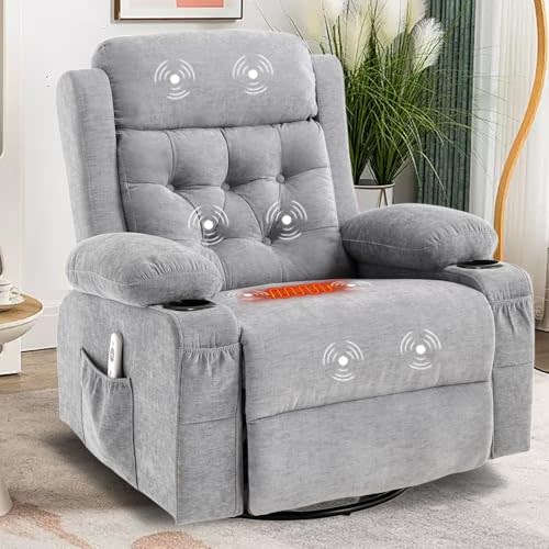 Rocker Recliner Chair with Massage and Heat, Grey | Overstuffed Manual Swivel Recliners, Rocking, Living Room, Cup Holders USB