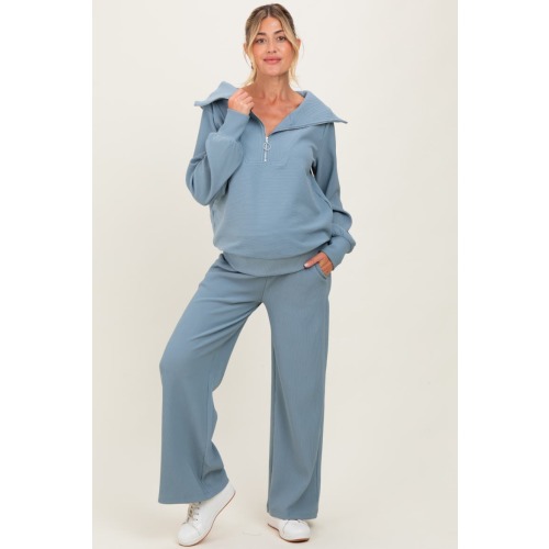 RIbbed Half Zip Pullover Wide Leg Pant Set