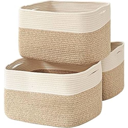 Large Storage Baskets for Organizing Shelves, Woven Cotton Rope Bins for Baby Nursery Organization, Book Toy Towel Organizer, 17"x13"x9.5", 3 Packs, Off White & Brown