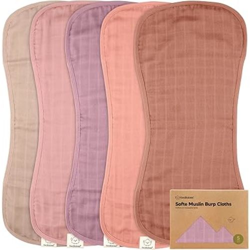5-Pack Muslin Burp Cloths Baby Boy, Girl - Very Absorbent Baby Burp Cloth Rags, 8-Layers Viscose Derived from Bamboo Cotton Muslin Towel, Super Soft Spit Up Rags, No Shrink Washcloths (Mauve)