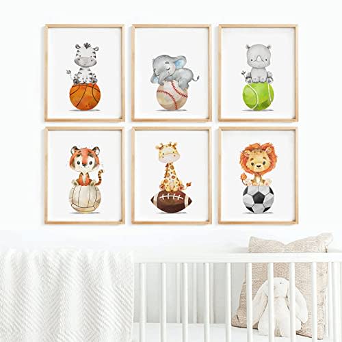 Baby Boy Wall Art Nursery Sports Decor Safari Animal Canvas Wall Art Woodland Baby Boy Room Poster Prints Nursery Artwork Pictures for Bedroom 8x10 set of 6 Inch UNFRAMED