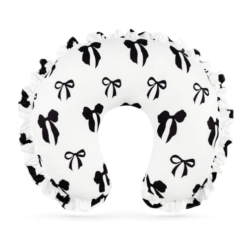 Pea Pod Nursing Pillow Cover, Removable Stretchy Ruffled Pillowcase for Breastfeeding Pillows, Ultra Soft Breathable Pillow Slipcover for Baby Girls and Boys, Black Bows