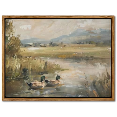 Floating Framed Canvas Wall Art, Vintage Mallard Duck Oil Paintings Print, Countryside Art Wildlife Nature Pond Wall Decor for Living Room, Bedroom, Office, Rustic Decor 12x16 inch