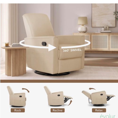 Evolur Raleigh Glider in Tan, Upholstered Plush Seating 360° Swivel Glider Rocking Chair, FSC Certified, Greenguard Gold & JPMA Certified Nursery Glider Recliner
