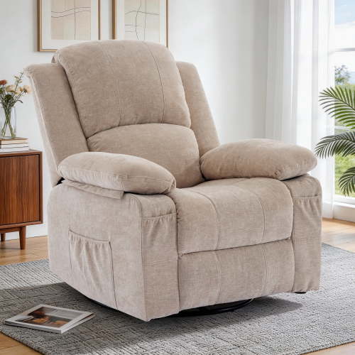 GEEYOO Swivel Rocker Recliner Chair with Massage and Heat Glider Recliner for Adults with Side Pockets Chenille for Living Room,Khaki