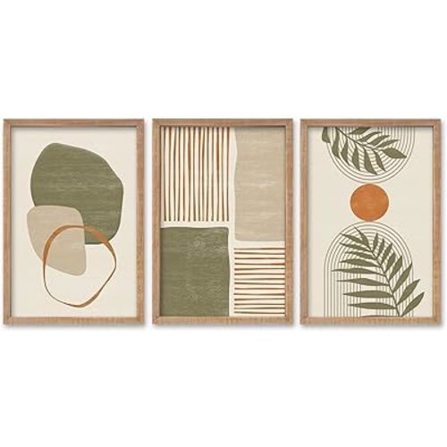 SRSZHIYUE Large Green Abstract Boho Plant Wall Art Neutral Bohemian Set of 3 Wood Framed 16x11 Inch for Living Room Bedroom Wall Decor Hanging (Wood)