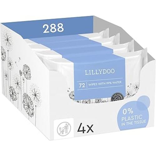 LILLYDOO Baby Wipes with 99% Water – Unscented, Hypoallergenic, Plant-Based, Strong & Plastic-Free, Compostable, 4 resealable Packs x 72 (288 Wipes Total)