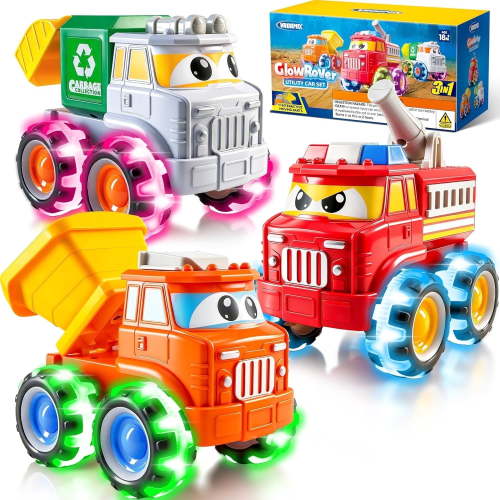 VROOMIX 3 Pack GlowRover Monster Truck Toys ,LED Light Up Wheels - Garbage Truck, Fire Truck & Construction Truck, Grat Christmas and Birthday Gift for Toddler 18+ Month
