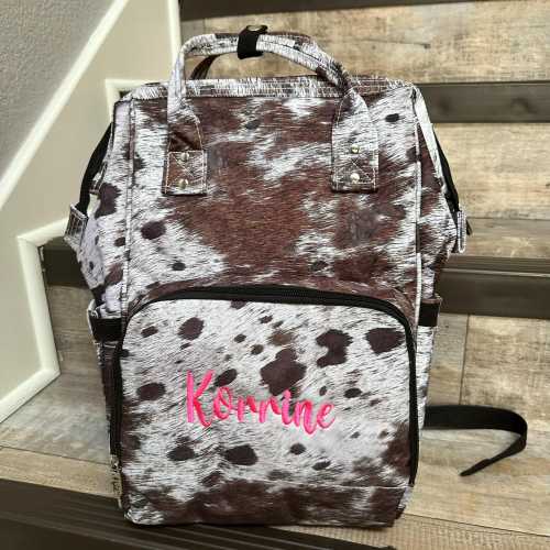 Personalized Embroidered Monogram NGIL Brown Cowhide Cow Diaper Bag Backpack