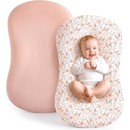 Termichy Baby Lounger Covers Muslin: Soft and Breathable Slipcover for Snuggle Me Lounger - Machine Washable & Zipper-Free for Safe Daily Use - Pink Floral for Girls