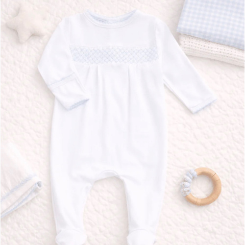 Baby Boy Smocked White Footie - Blue Trim - Magnolia Baby Pima Cotton