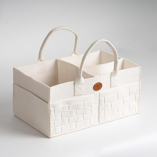 Baby Diaper Caddy Organizer for Nursery – Large Felt Storage Basket for Baby Essentials, Wipes & Diapers – Portable Nursery Organizer Bin for Changing Table or Living Room Winter White