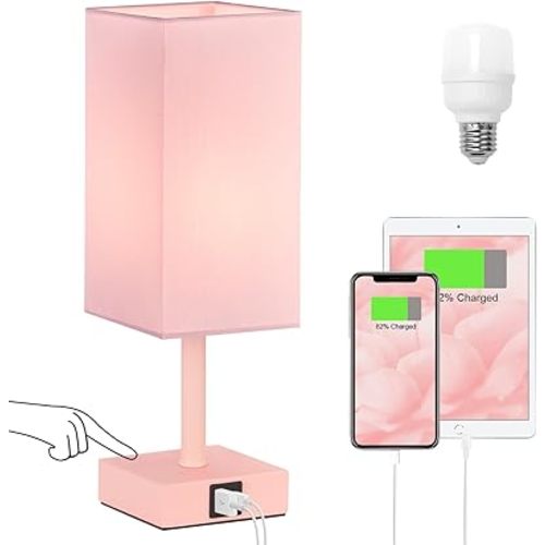 Ambimall Touch Control Table Lamp with USB A+C Charging Ports - 3 Way Touch Lamps Bedside, Nightstand Lamp for Bedrooms, LED Bulb Included(Pink Shade & Pink Base)