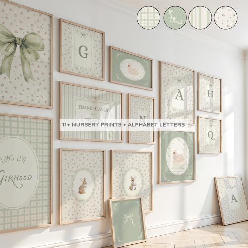 Sage Green Gallery Thank Heaven for Little Girls, Grandmillennial Nursery, Floral Initial - Antique Alphabet Prints + Bunny Posters GIFT
