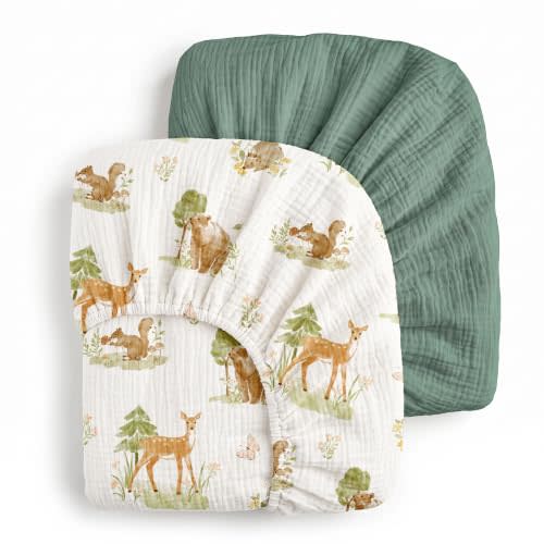 Muslin Crib Sheets for Boys Girls, Fitted 52''x28'' Organic Cotton | 2Pk, 100% cotton, breathable & skin-friendly, fits standard crib and toddler mattresses, secure all-around elastic Bed Cover