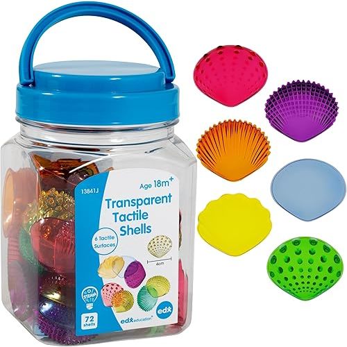 edxeducation Tactile Shells | Set of 72 | Translucent | 6 Textures and Colors | Ages 18m+ | Explore Early STEM Concepts | Light Table and Sensory Bin Toys