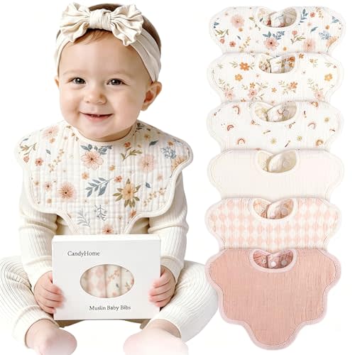 CandyHome Muslin Bibs for Baby Girl Boy 6 Pack, 100% Cotton Extra Soft Absorbent Bandana Baby Bibs for Drooling and Teething Toddler Baby Girl Newborn Essentials Gifts