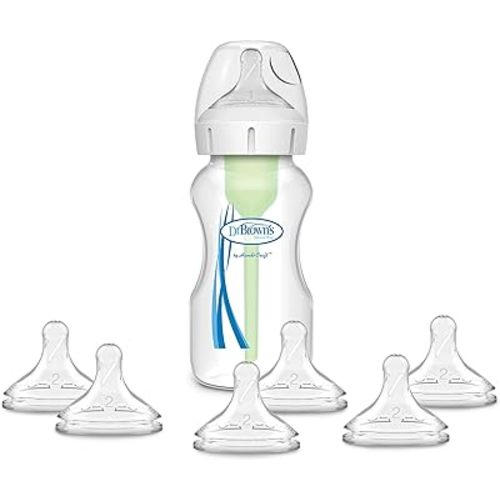 Dr. Brown’s Natural Flow® Anti-Colic Options+™ Wide-Neck Baby Bottle, 9 oz/270 mL, Level 1 Nipple, 1-Pack, 0m+ with 6-Pack Level 2 Nipples