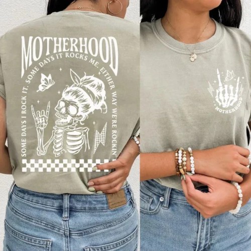 Motherhood Sometimes I Rock It Sometimes It Rocks Me Nursing Side Zipper T-shirt- Sandstone Green Color- Medium