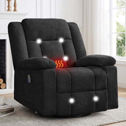 Korser 360°Swivel Rocker Recliner with Massage and Heating,Rocker Recliner Chair for Adults with Side Pockets Nursery Glider Recliner for Living Room,Chenille,Black