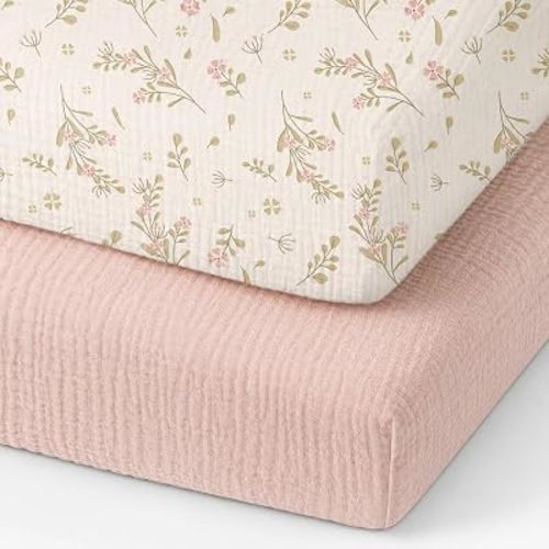 Organic Pack and Play Sheets Fitted 38”x26” 100% Muslin Cotton, Mini Crib Sheets Compatible with Graco/hiccapop/YENING/Dream On Me/Babylicious Pack N Play Mattress, Playard Bedding Sheet Bed Cover