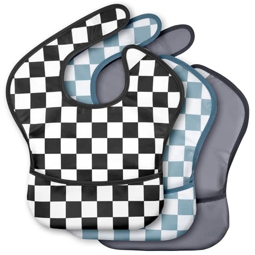 CIVARUA KIDS 3 Pack Waterproof Baby Bibs for Eating, Mess Proof Feeding Bib | Lightweight & Wipeable Toddler Food Bibs, Large Catch-All Pocket, Food-Grade Baby Eating Essentials Gifts, Black Cherkerd