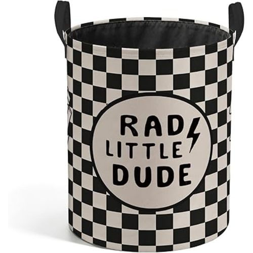 Retro Checkered Boys Room Laundry Basket, Rad Little Dude Black and White Laundry Hamper Waterproof Collapsible Clothes Toys Storage Bin Organizer for Boys Nursery Kids Playroom