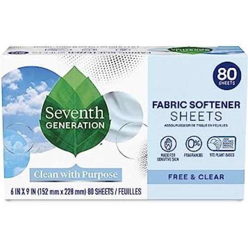 Seventh Generation Dryer Sheets Laundry Fabric Softener, Free & Clear Made for Sensitive Skin, 80 Sheets