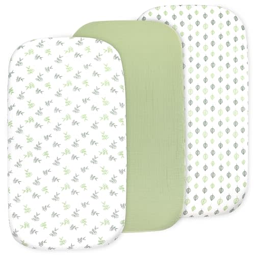 3-Pack Organic Muslin Bassinet Fitted Sheets, Compatible with Halo, Snoo, Graco, Dream On Me, Delta, and Other Standard Size Bassinets - Fits Oval, Hourglass, & Rectangle Shapes (32 x 16 x 4 Inches)