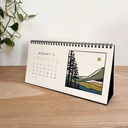 2026 Art Desk Calendar: Abstract Landscapes, Minimalist Mountains, Moon & Sun Art, Floral Blockprints (10x5)