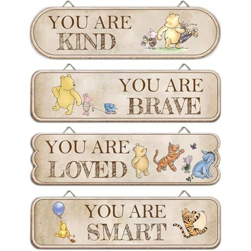 Hatzelou 4PCS Classic Winnie Baby Room Decor, Pooh Nursery Decor, the Pooh Wall Decor Sign Gifts, You Are Kind Brave Inspirational Quotes, Adorable Winnie Sign for Home Bedroom Nursery