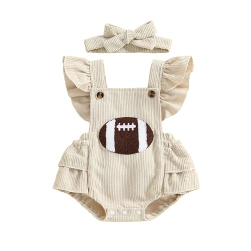 Infant Baby Girl Football Outfit Embroidery Ruffle Sleeve Romper Corduroy Bodysuit Jumpsuit Heaband Game Day Clothes