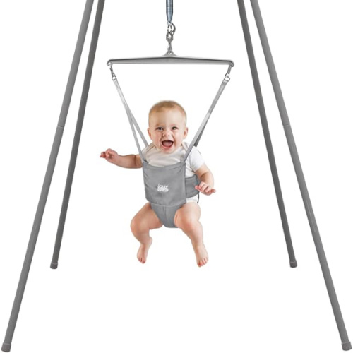 Jolly Jumper Elite (Grey) Baby Exerciser - Sturdy Frame, 6 ft Tall Stand Baby Jumper, Indoor and Outdoor Exercise Saddle Seat, Adjustable Height, for Infants up to 28 lbs