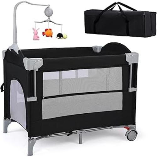 JOYMOR 4 in 1 Pack and Play, Baby Bedside Bassinet, Sturdy Play Yard with Padded Mat and Music Bar with Soft Animals