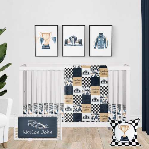 Baby Boy Crib Bedding – Racing Nursery Bedding Set, Blue Race Car Crib Set, Custom Name Blanket, Baby Shower Gift