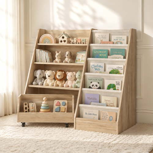 Scohul 3-in-1 Kids Bookshelf and Toy Storage Organizer, Montessori Toddler Bookcase with Rolling Bin for Playroom and Nursery, Natural