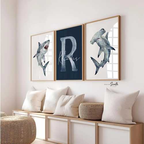 Personalized Shark Wall Art Set of 3, Navy Blue Great White & Hammerhead Shark Prints, Boy Nursery Decor, Shark Bedroom Gift, Kids Room Art