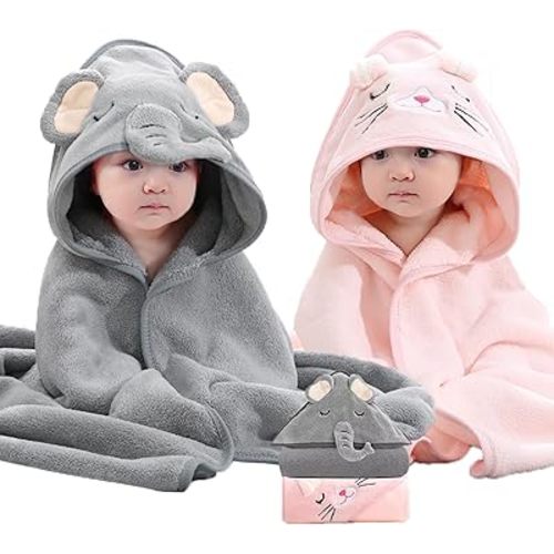 kmilro Baby Hooded Towel, 2-Pack Essentials with 31.5x31.5 inch, 2 Designs, Soft Absorbent Bath Towel for Boy and Girl