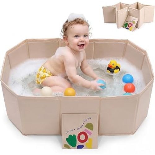 Foldable Baby Bathtub, Side-Drain, Portable, Ages 0-5, Cream White
