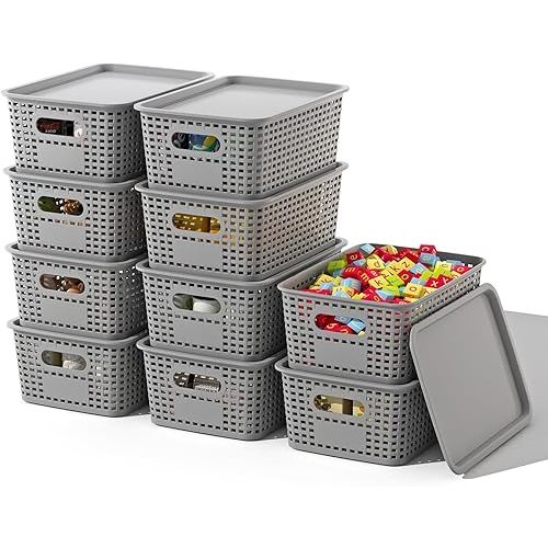 Plastic Storage Basket with Lids 10 Pack Stackable Storage Bins Containers with Lid, Decorative Storage Boxes for Organizing Shelves, Drawers, Playroom, Classroom, Office, Closet, Grey