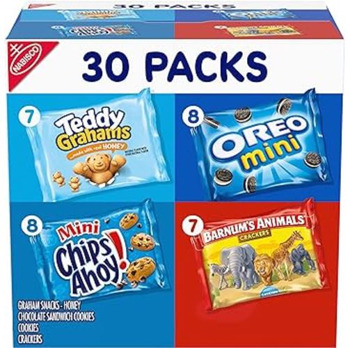 Nabisco Team Favorites Variety Pack, OREO Mini, CHIPS AHOY! Mini, Teddy Grahams Honey & Barnum's Animal Crackers, Christmas Stocking Stuffers, 30 Snack Packs