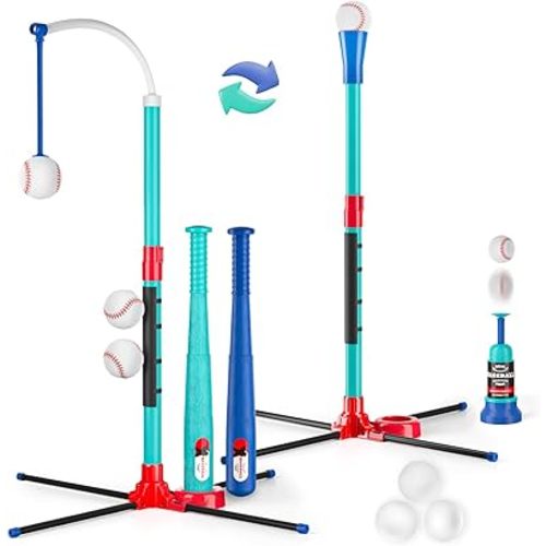 3-in-1 T Ball Set for Kids: Hanging Batting Tee + T Ball Stand Set Auto BaseBall Launcher for Toddlers & Youth Adjustable Height with 2 Bats 6 balls Outdoor&Indoor Toys Sports Gifts for 3-12 years old